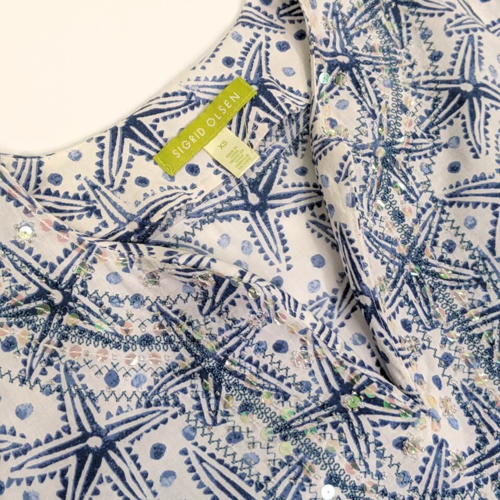 Sigrid Olsen Sequin Cotton V Neck Tunic Blouse Xs - image 6